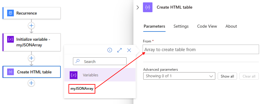 Recorte de pantalla que muestra el flujo de trabajo de consumo, la acción denominada Crear tabla HTML y la entrada seleccionada para usar.
