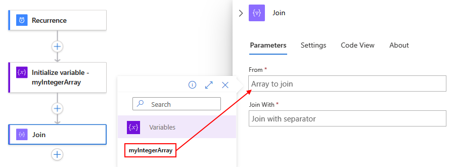 Recorte de pantalla que muestra el flujo de trabajo de consumo, la acción denominada Combinar y la salida de matriz seleccionada para combinar como una cadena.