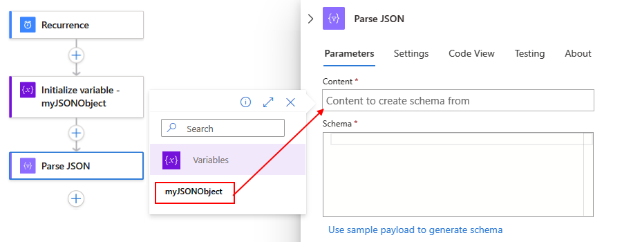 Recorte de pantalla que muestra el flujo de trabajo de consumo, la acción denominada Analizar JSON y la variable de objeto JSON seleccionada para analizar.