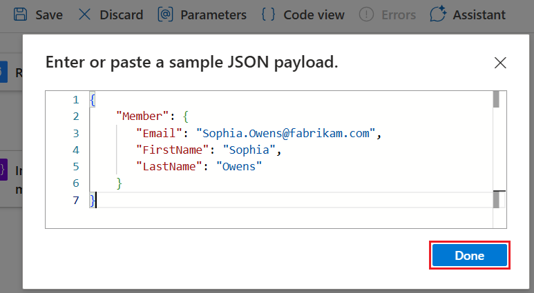 Recorte de pantalla que muestra el flujo de trabajo de consumo, la acción denominada Analizar JSON y el cuadro denominado Introducir o pegar una carga útil JSON de ejemplo, que contiene JSON de ejemplo para generar el esquema.