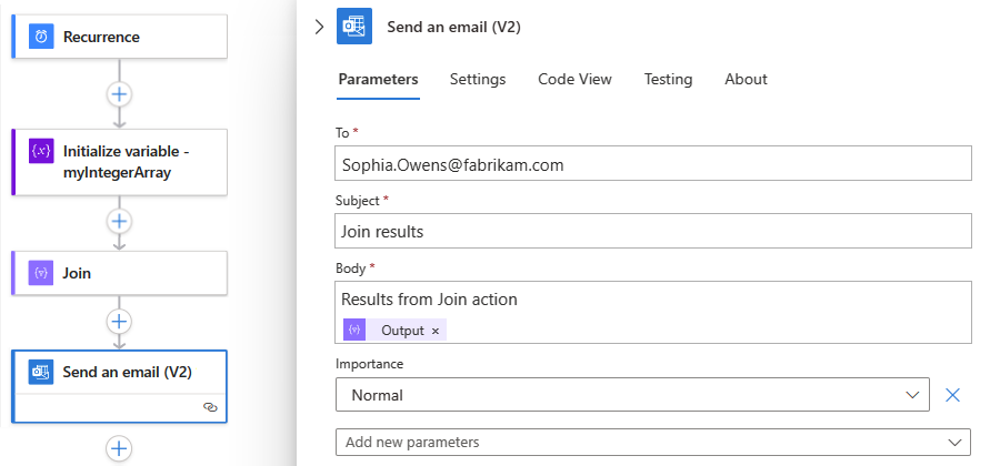 Recorte de pantalla que muestra un flujo de trabajo con la acción finalizada denominada Enviar un correo electrónico para la acción Combinar.