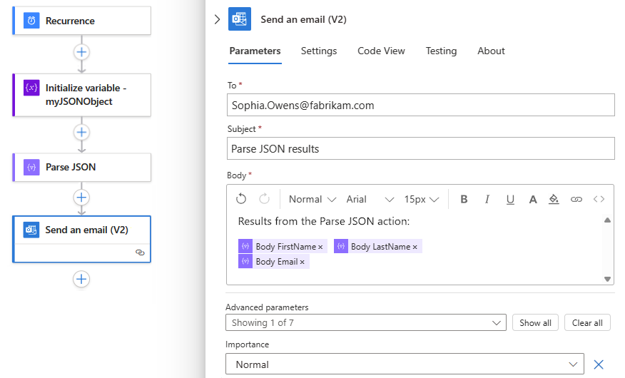 Recorte de pantalla que muestra el flujo de trabajo con la acción finalizada denominada Enviar un correo electrónico para la acción denominada Analizar JSON.