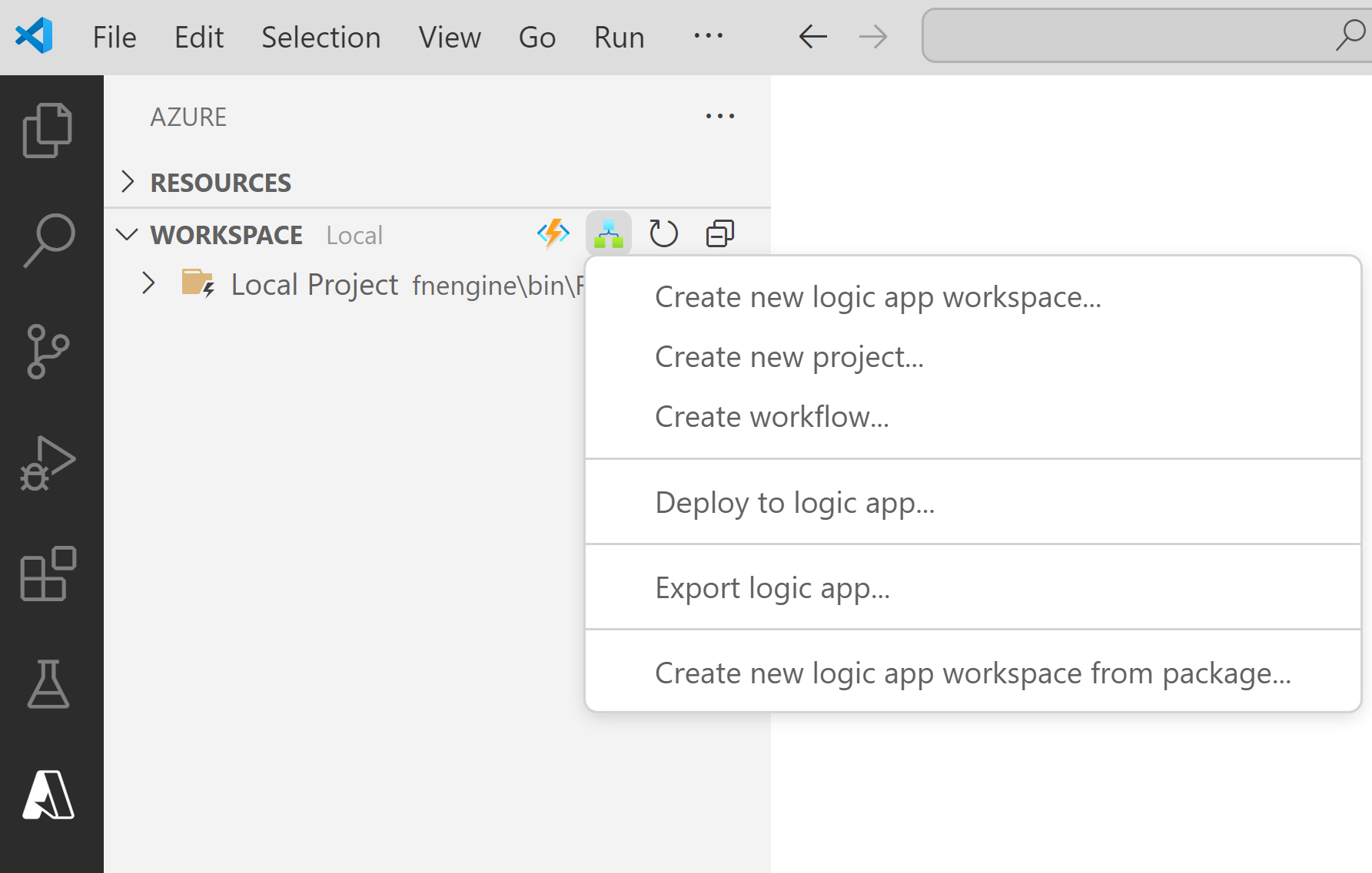 Captura de pantalla que muestra Visual Studio Code, la ventana Azure, la barra de herramientas de la sección Área de trabajo y la opción para Crear nueva área de trabajo de aplicación lógica seleccionada.