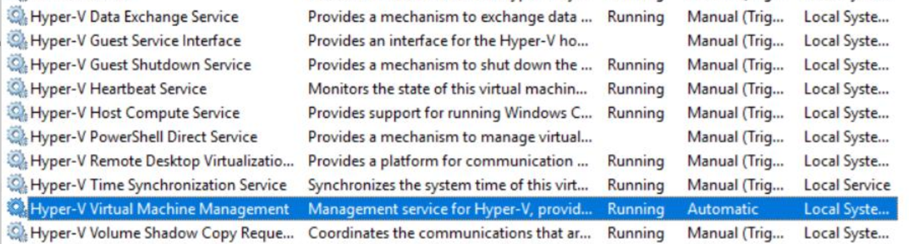 Captura de pantalla que muestra el servicio Hyper-V en ejecución.