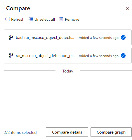 Captura de pantalla que muestra la lista de comparación con una canalización primaria y una secundaria agregadas.