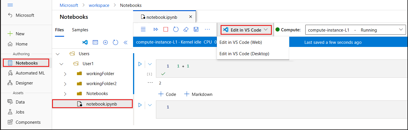 Captura de pantalla de cómo conectarse al notebook de Estudio de Azure Machine Learning de VS Code de la instancia de proceso.