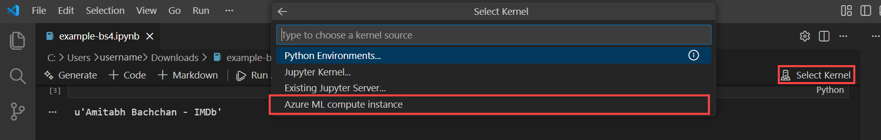 Captura de pantalla que muestra cómo seleccionar Jupyter Server.