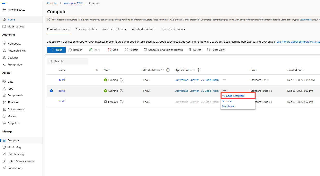 Captura de pantalla de cómo conectarse a la instancia de proceso de VS Code del Estudio de Azure Machine Learning.