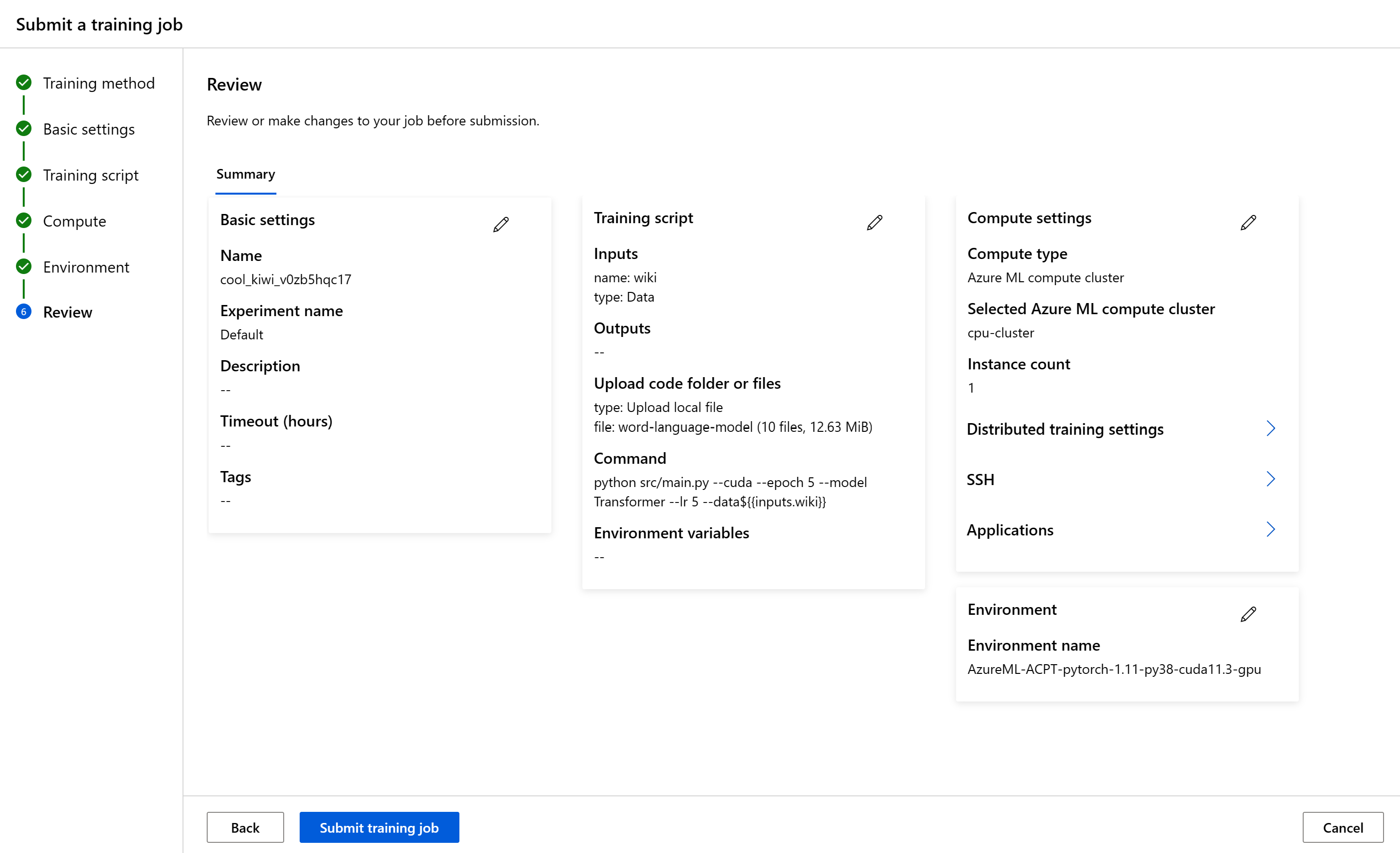 Imagen del panel de revisión de envío de trabajos de Estudio de Azure Machine Learning para validar selecciones antes del envío.