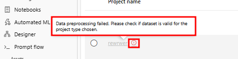 Captura de pantalla que muestra un error de preprocesamiento de datos.