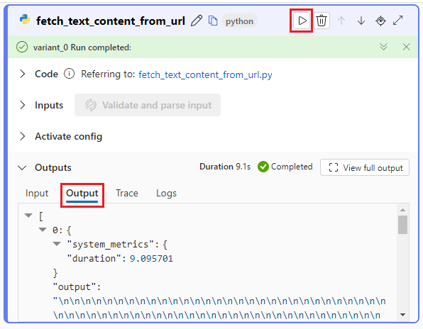Captura de pantalla de la clasificación web que muestra que primero se ejecuta el nodo de python y después se comprueba la salida, a continuación se ejecuta el nodo LLM y después se comprueba su salida.