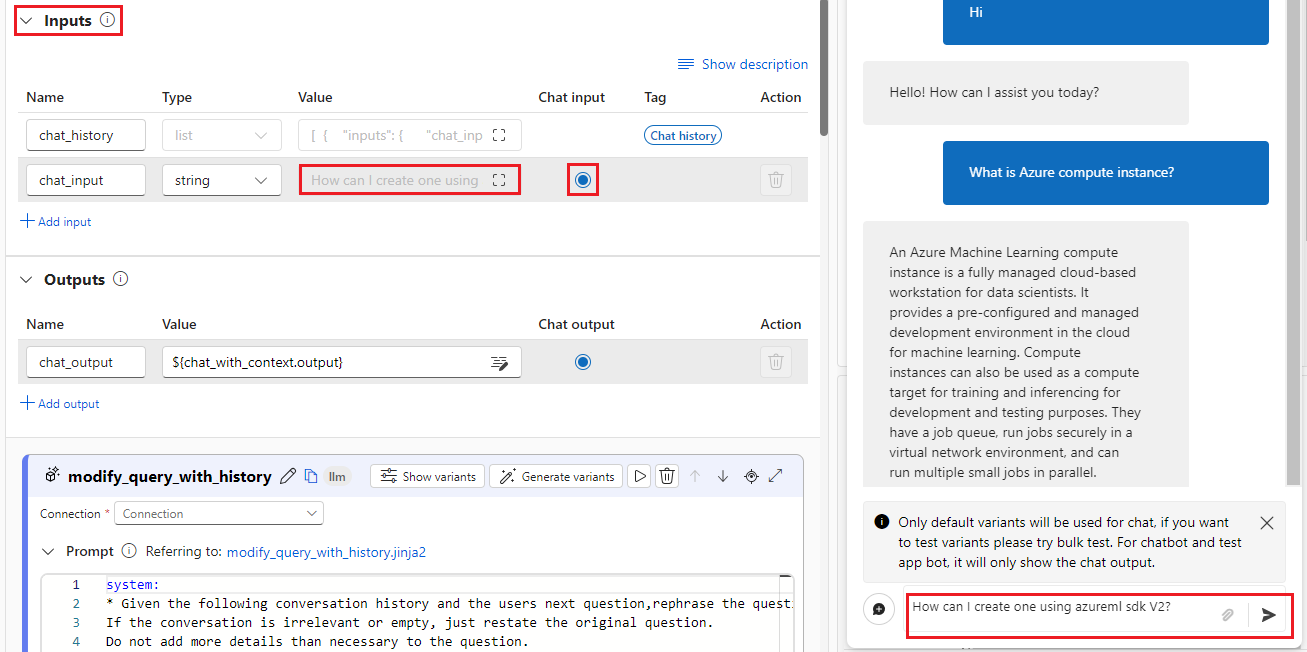 Captura de pantalla que muestra la pregunta de prueba en la sección Entradas y el cuadro de chat.
