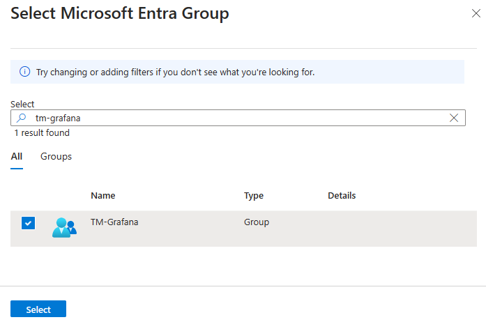 Captura de pantalla de Azure Portal. Buscar y seleccionar un grupo de Microsoft Entra.