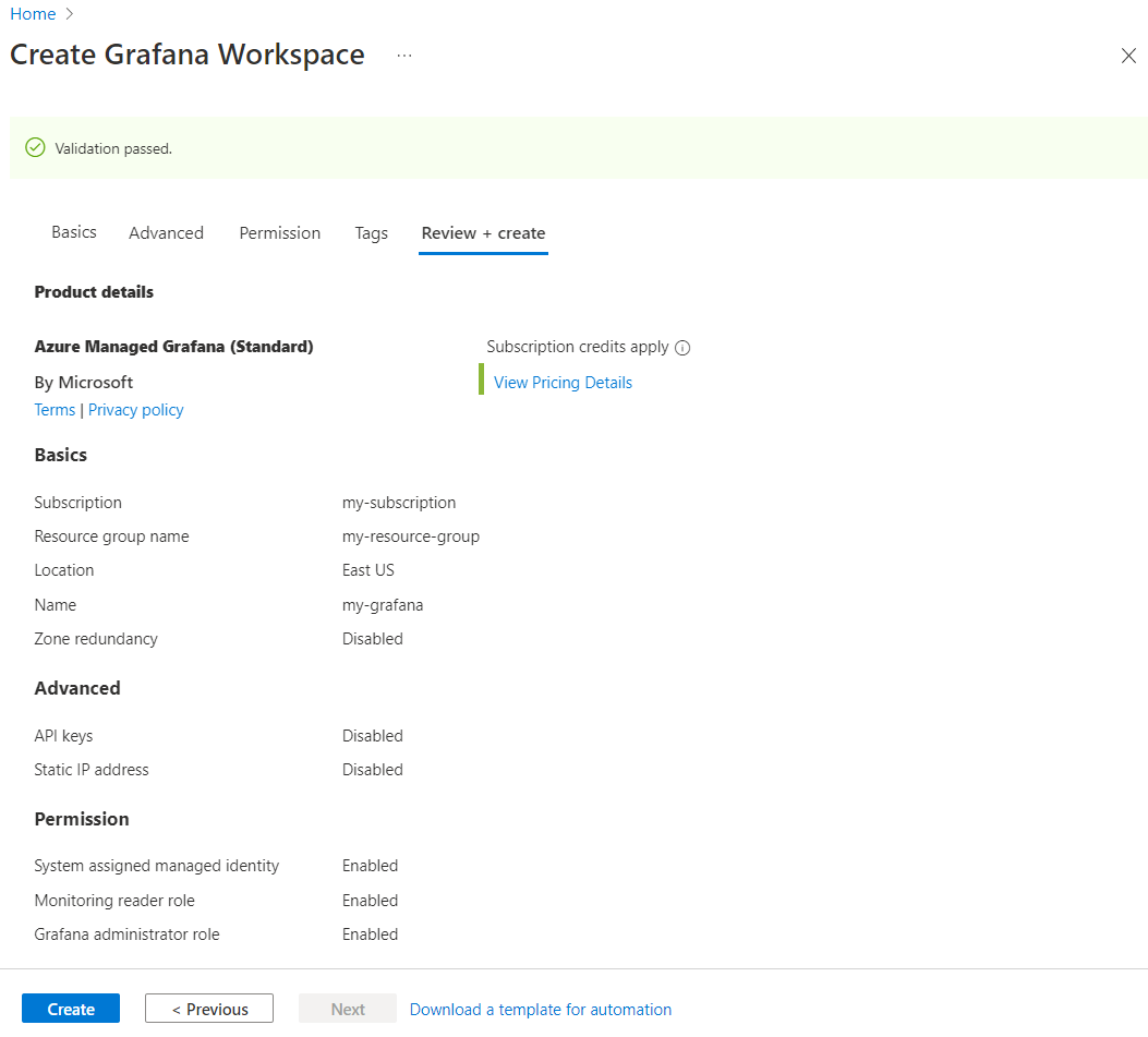 Captura de pantalla de Azure Portal. Crear formulario de área de trabajo. Validación.