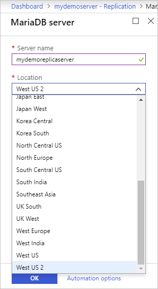 Azure Database for MariaDB - Replica location