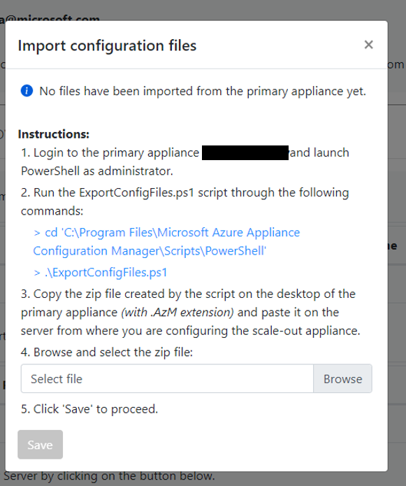 Captura de pantalla del modal para importar archivos de configuración.