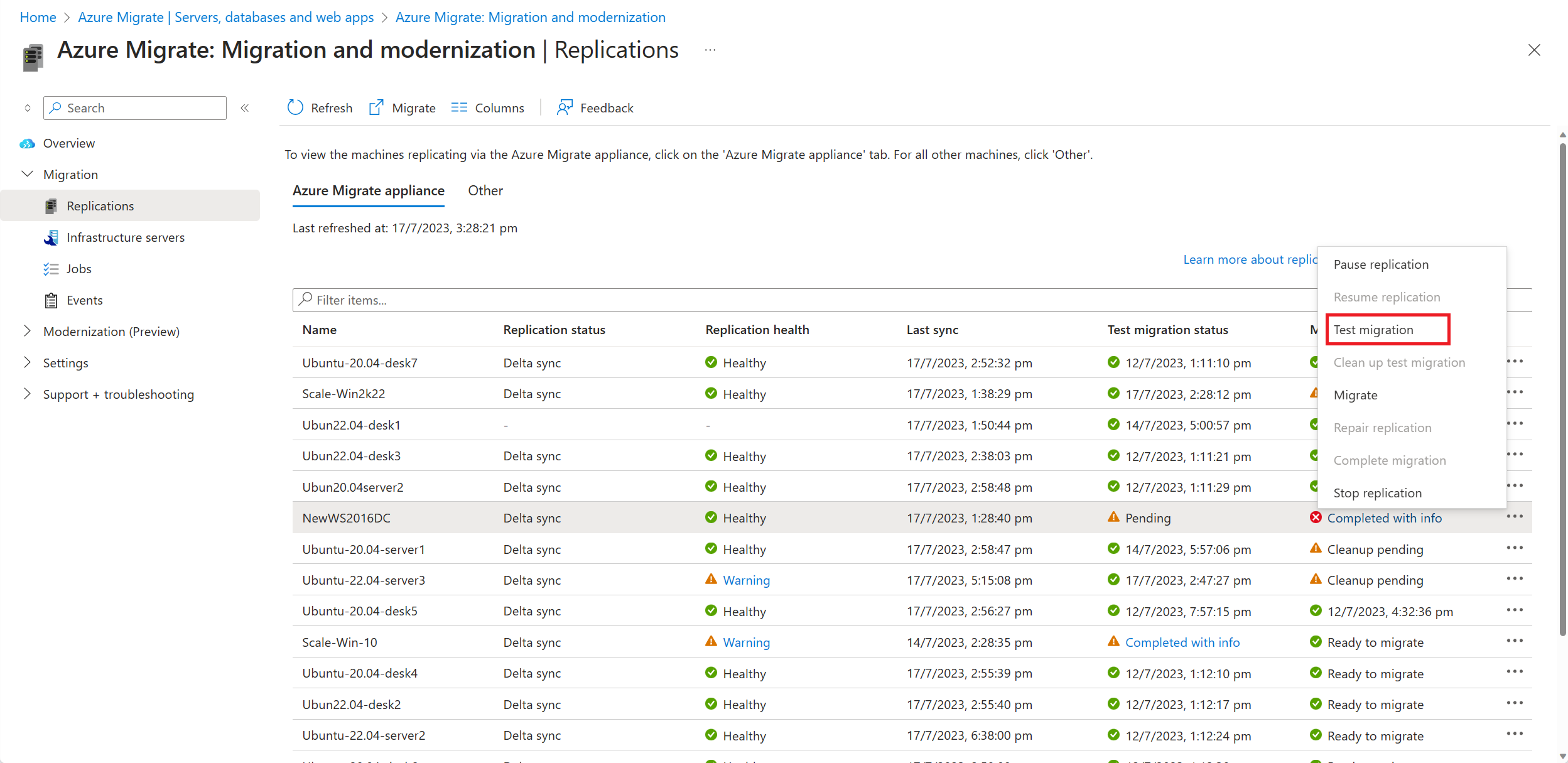 Screenshot displays the Test Migrate option.