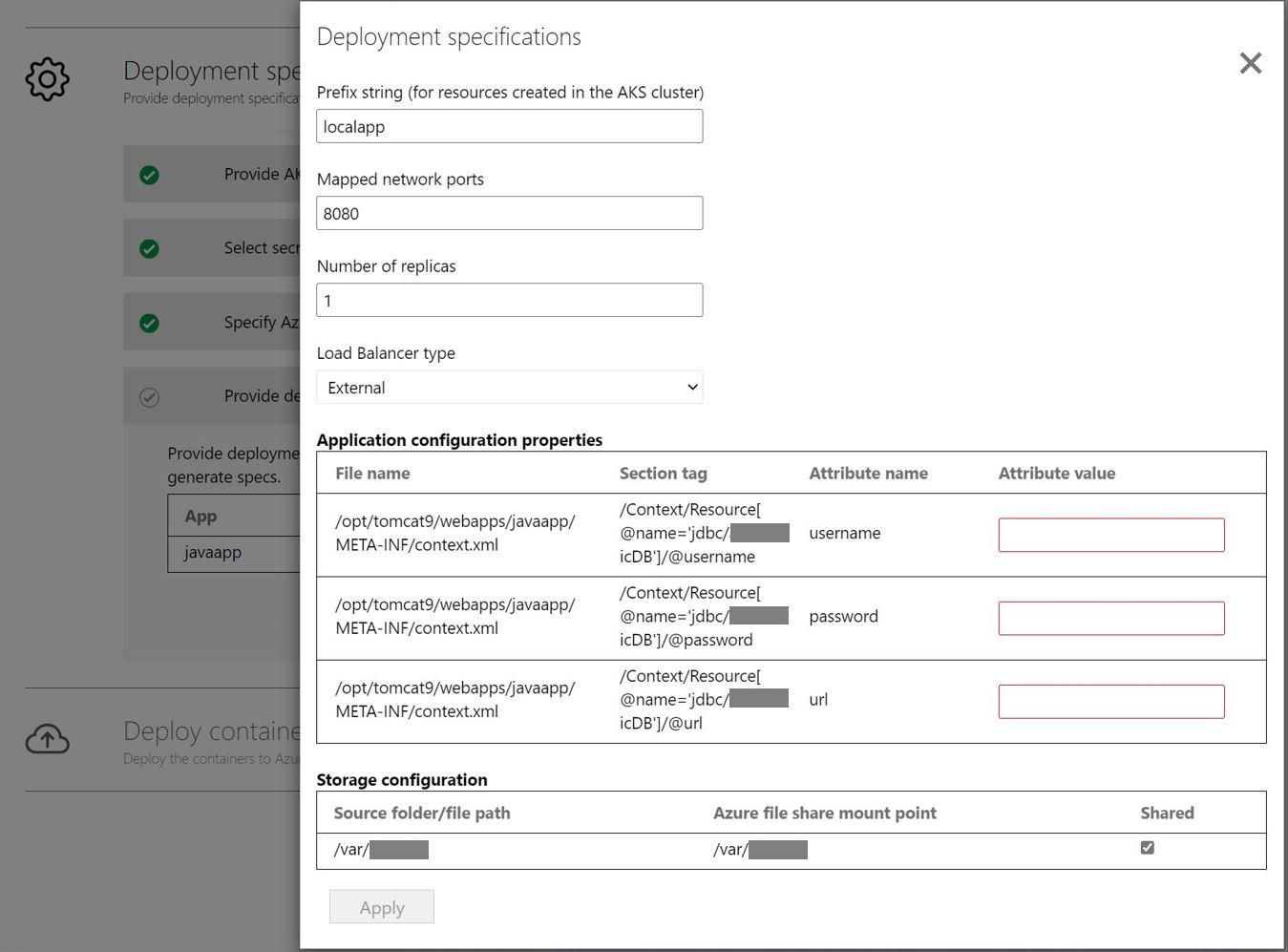 Captura de pantalla de la configuración de la implementación de la aplicación.