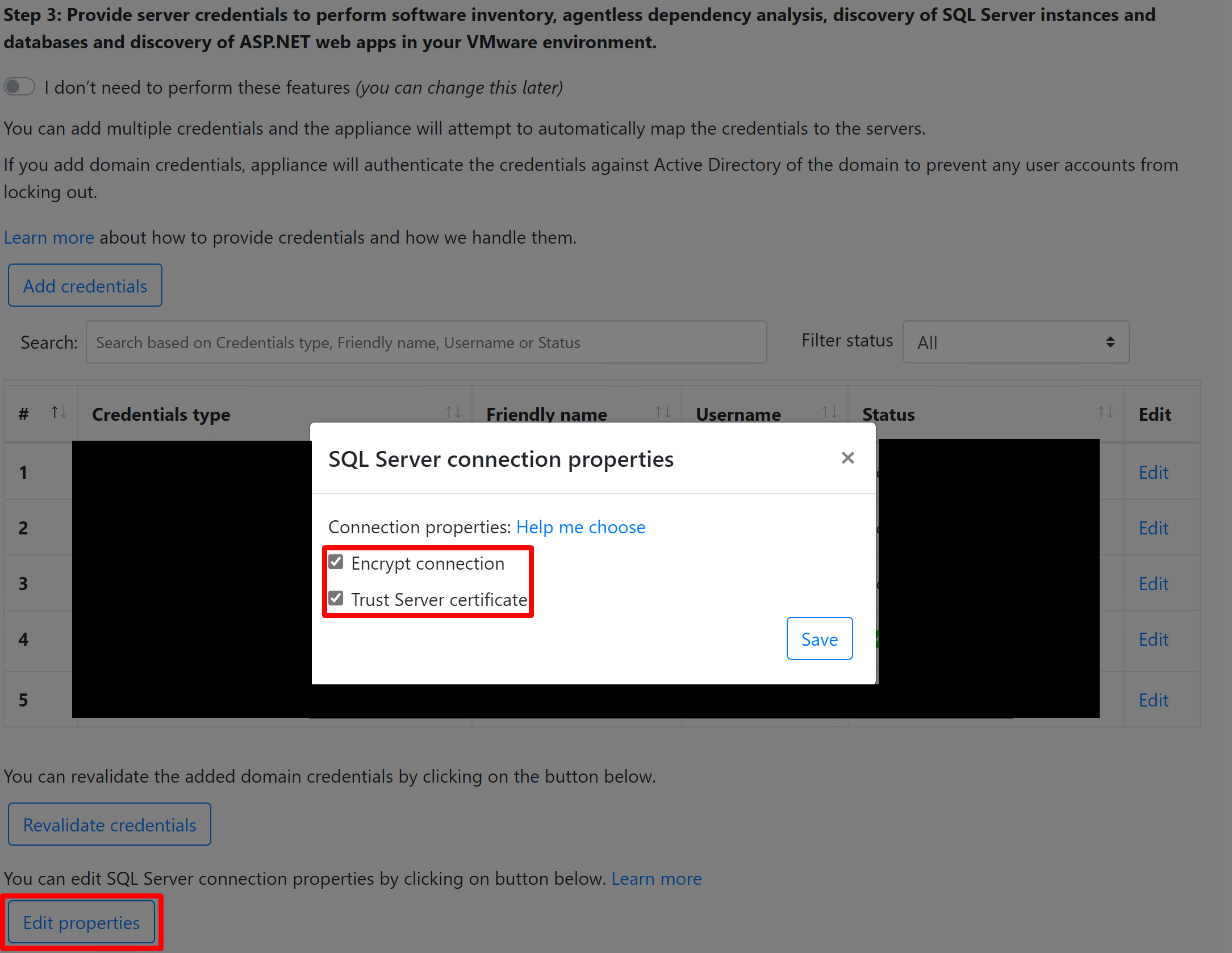 Captura de pantalla que muestra cómo editar las propiedades de conexión de SQL Server.