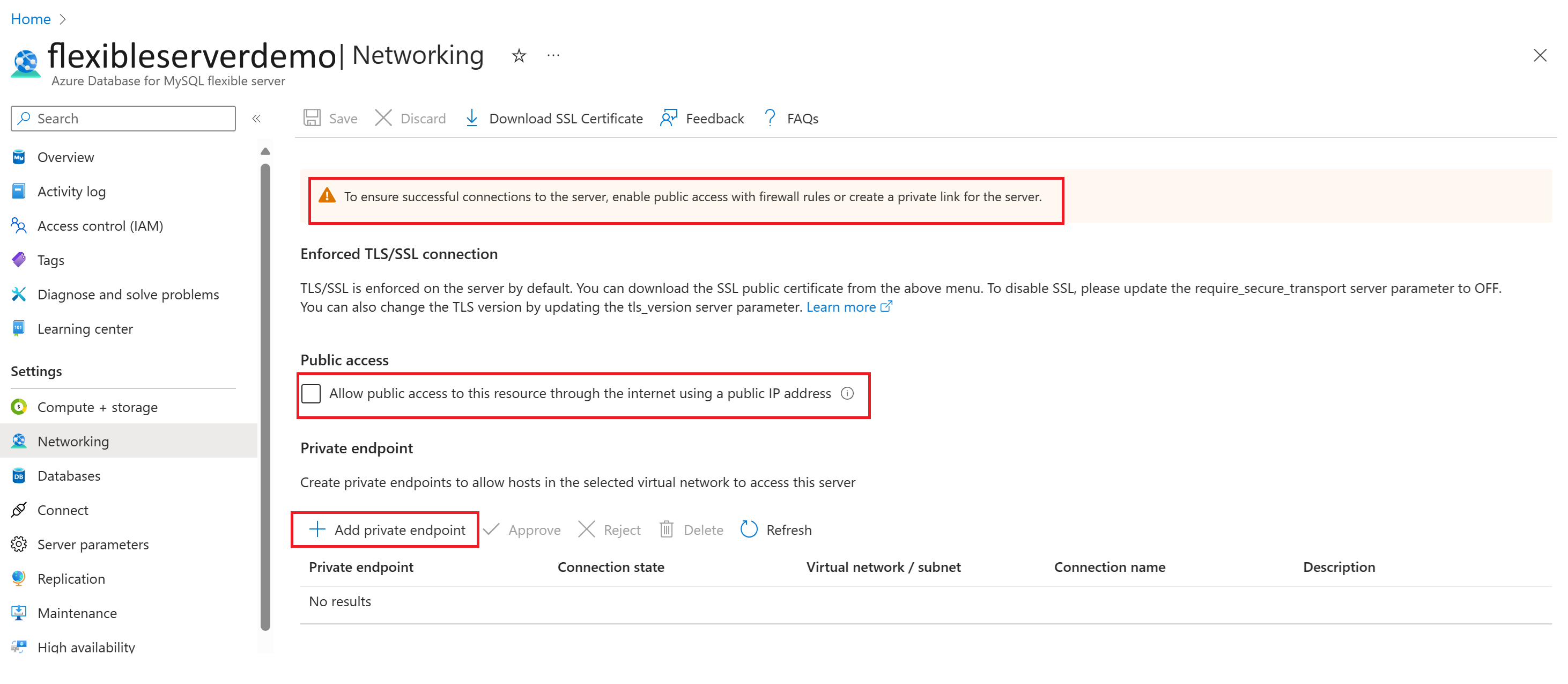 Recorte de pantalla de la página Permitir acceso público de Azure.