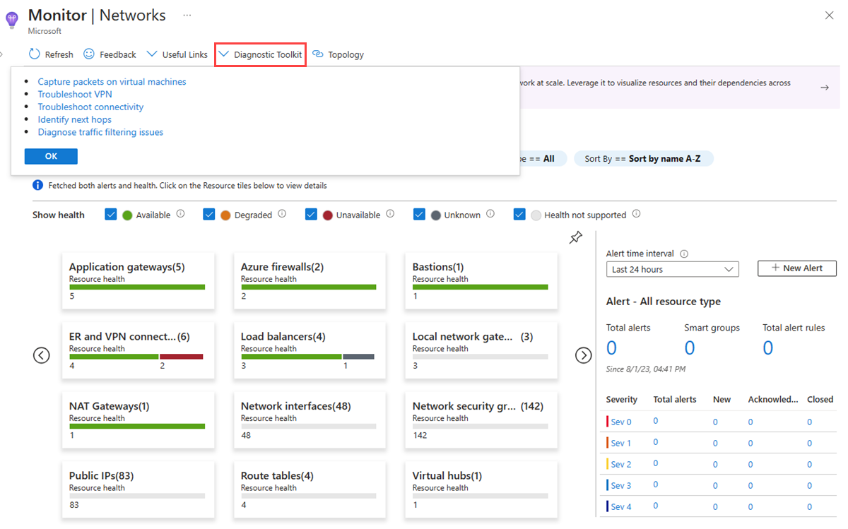 Captura de pantalla que muestra la pestaña Kit de herramientas de diagnóstico en Azure Monitor Network Insights.