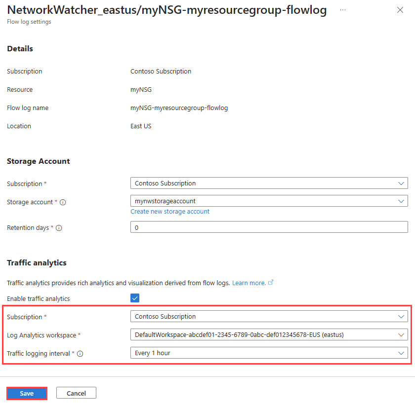 Captura de pantalla que muestra las configuraciones del análisis de tráfico para un registro de flujo existente en Azure Portal.