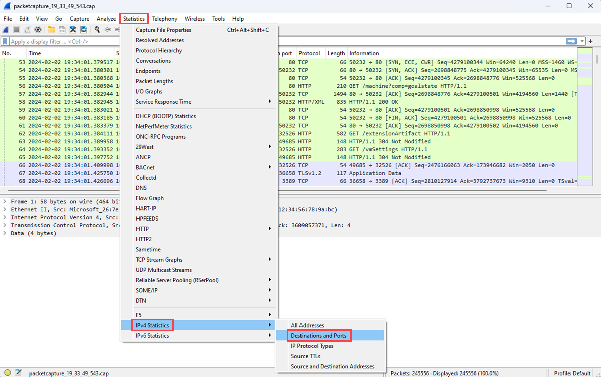 Screenshot that shows how to get to the Destinations and Ports window in Wireshark.