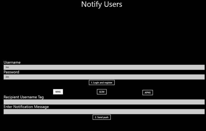 Captura de pantalla de la aplicación Notification Hubs que muestra el nombre de usuario y la contraseña rellenados.