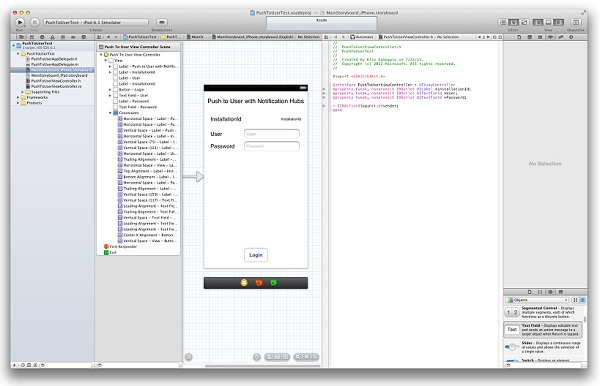 Captura de pantalla del editor del asistente en la aplicación MainStoryboard_iPhone.storyboard