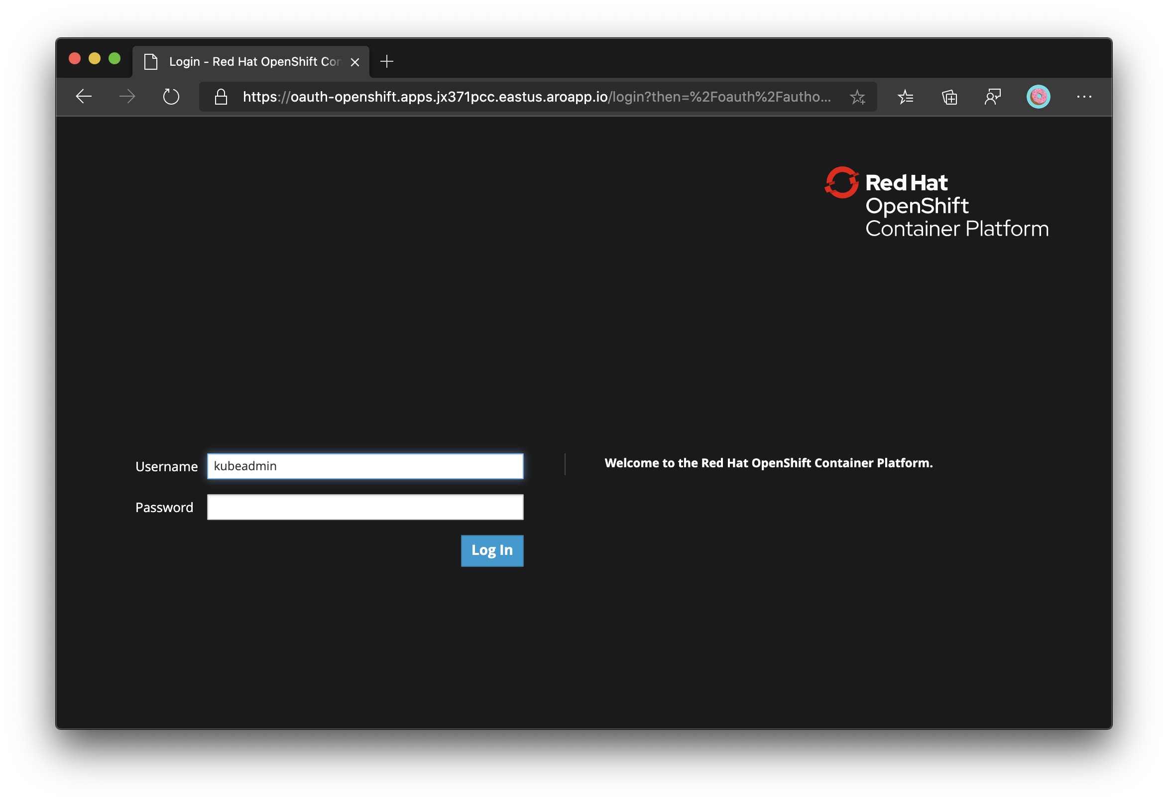 Captura de pantalla que muestra la pantalla de inicio de sesión de Red Hat OpenShift en Azure.