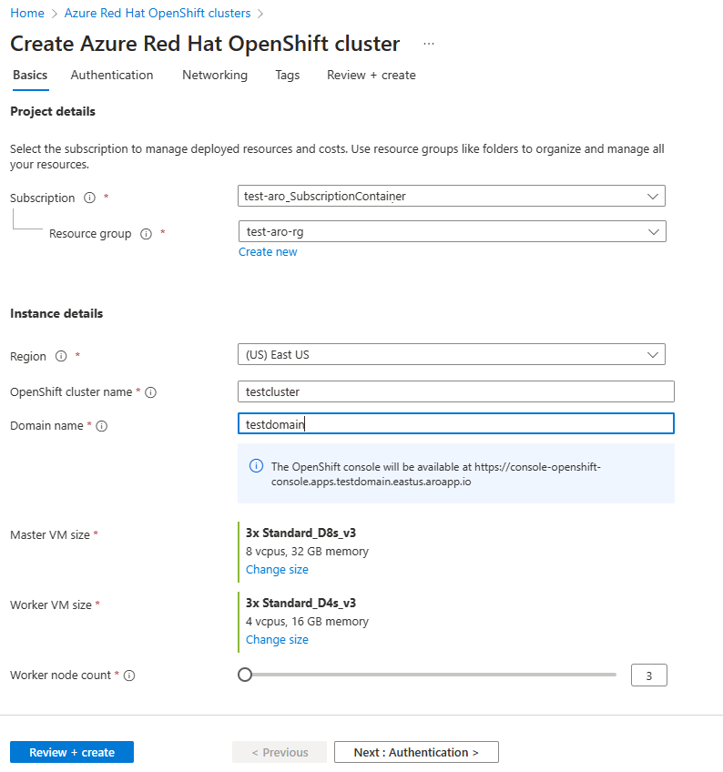 Basics tab on Azure portal