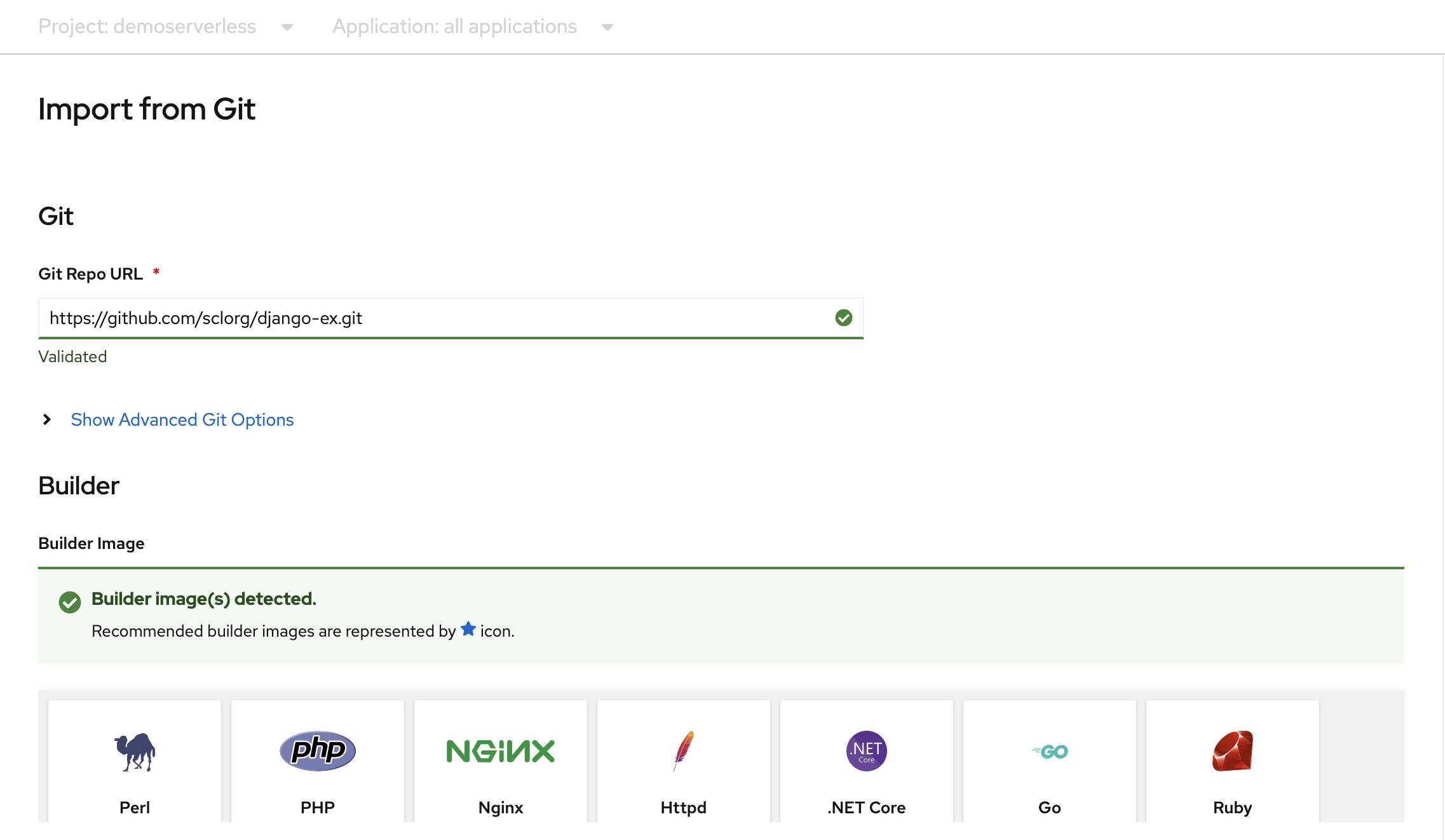 Captura de pantalla que muestra el proyecto Red Hat OpenShift de Azure desde Git.