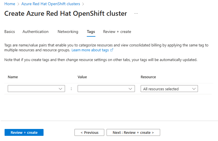 Tags tab on Azure portal