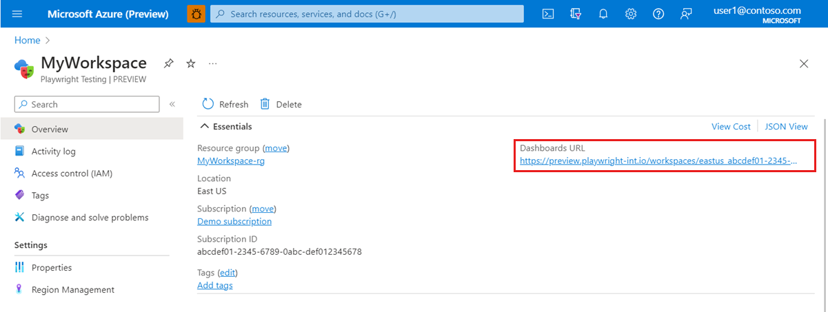 Recorte de pantalla que muestra la página Información general del área de trabajo en Azure Portal, resaltando la dirección URL del portal Playwright.
