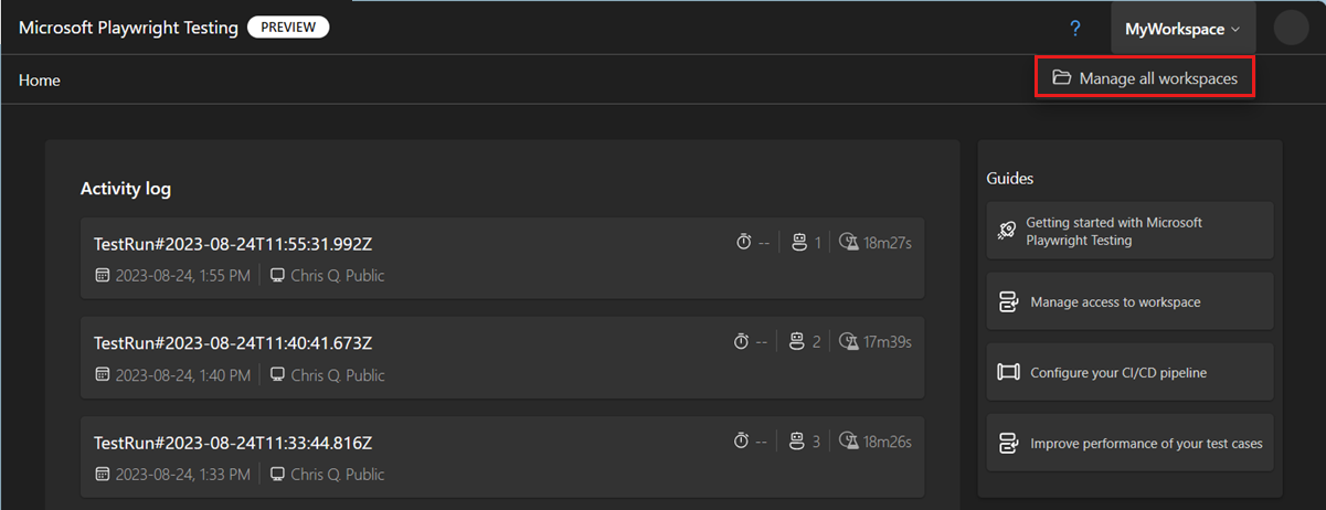 Recorte de pantalla que muestra el portal Playwright y resalta el elemento de menú Administrar todas las áreas de trabajo.