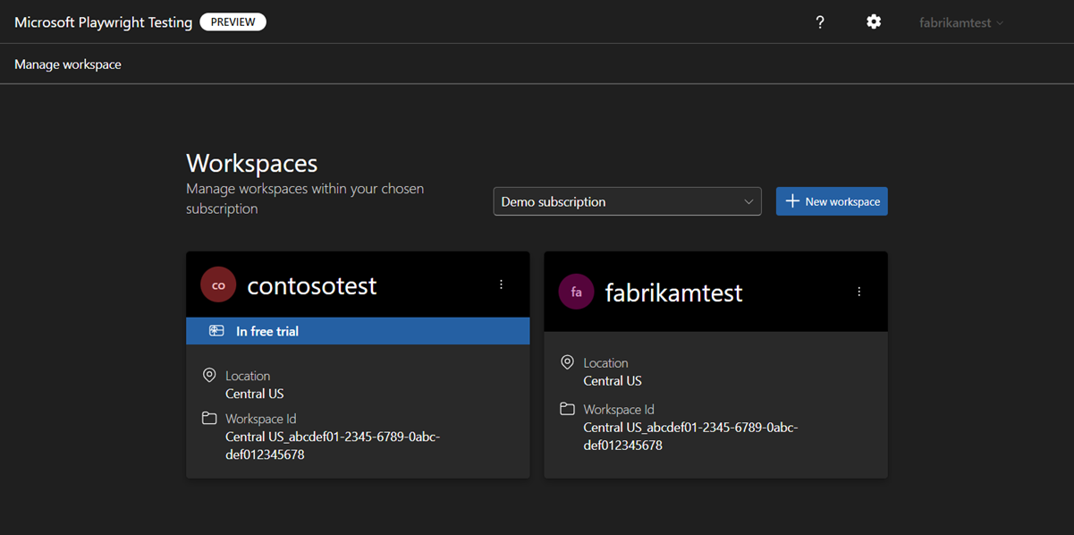 Recorte de pantalla que muestra la lista de todas las áreas de trabajo en el portal de Playwright.