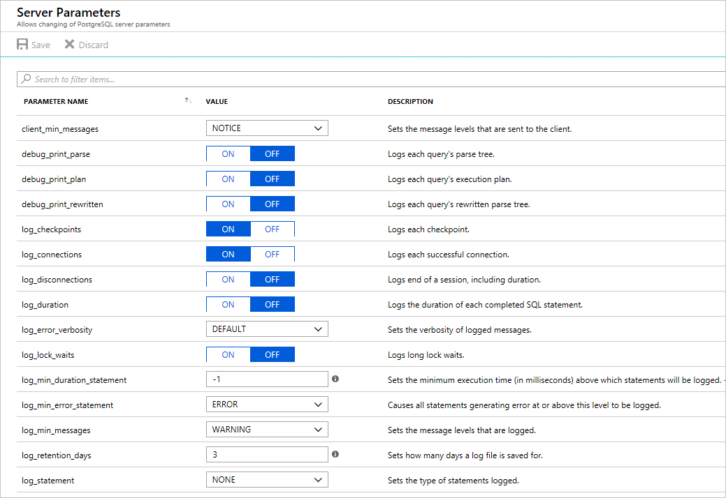 Azure Database for PostgreSQL: parámetros de registro