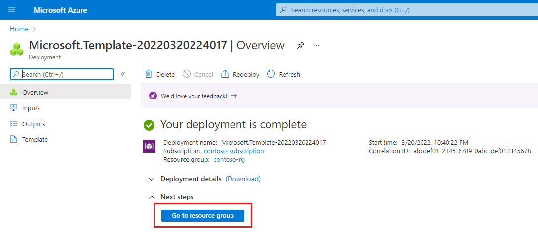 Screenshot of the Azure portal showing a deployment confirmation for the ARM template.