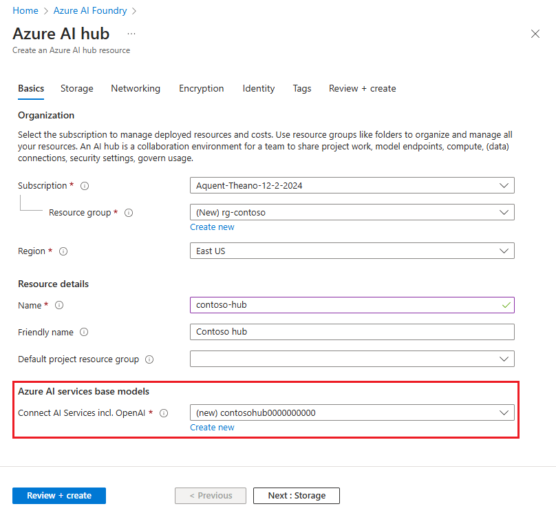Recorte de pantalla de la opción para establecer la información básica del centro de conectividad de Azure AI.