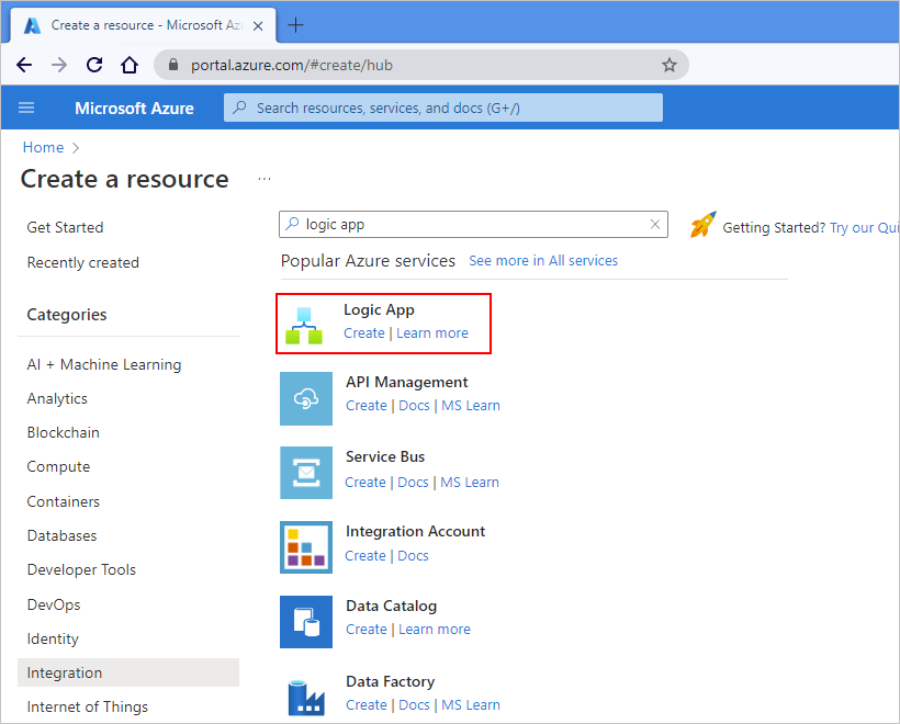 Captura de pantalla que muestra el menú de Azure Marketplace con las opciones seleccionadas para Integración y aplicación lógica.