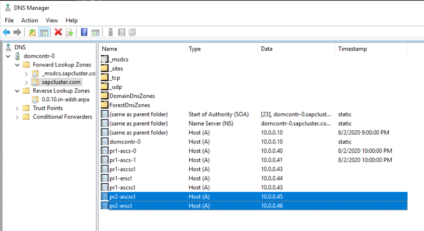 Captura de pantalla que muestra un nuevo nombre virtual y una dirección IP para la configuración del clúster de ASCS/SCS y ERS2 de SAP.