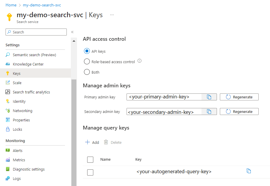 Captura de pantalla de una página del portal en la que se muestran las claves de API.