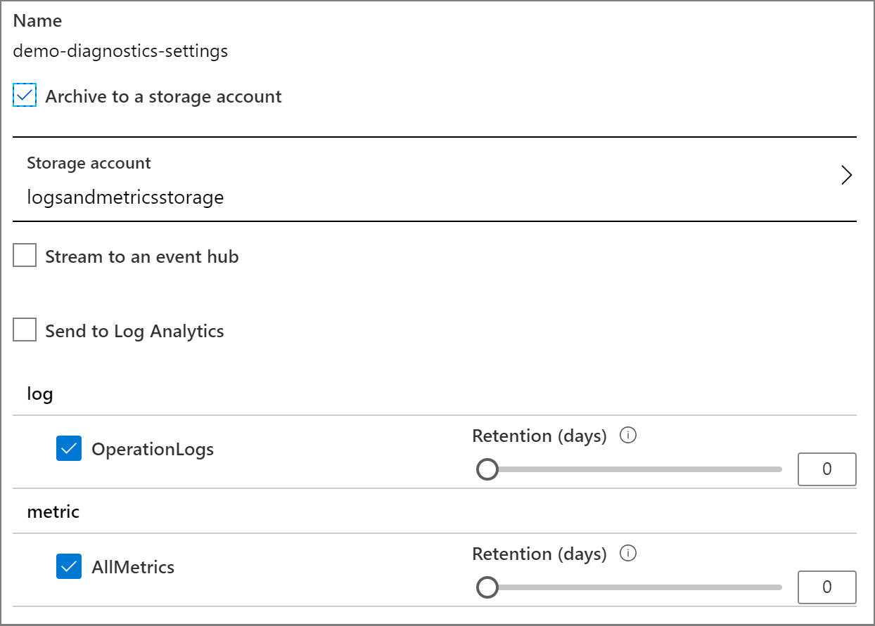 Screenshot showing how to make selections for metrics and resource logging in the diagnostic settings page.