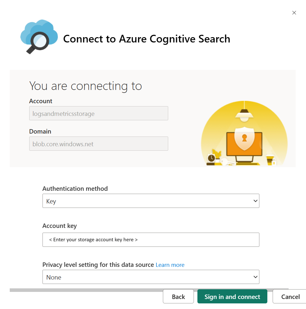 Screenshot showing how to input the authentication method, account key, and privacy level in the Connect to Azure AI Search page.