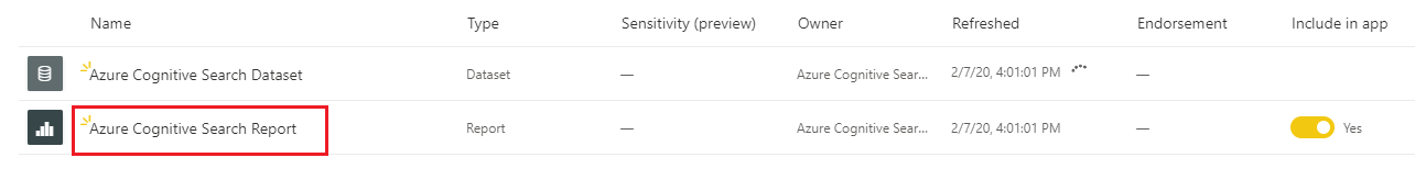 Screenshot showing how to select the Azure AI Search Report on the data refresh page.