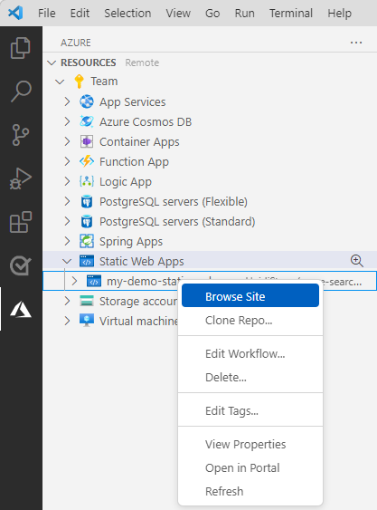 Captura de pantalla de Visual Studio Code que muestra el explorador de Azure Static Web Apps con la opción **Examinar sitio**.