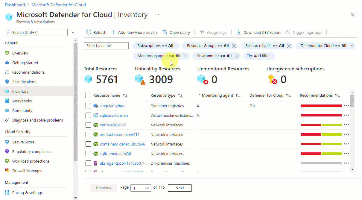 Uso de las opciones de filtro en el inventario de recursos de Microsoft Defender for Cloud para filtrar recursos para los recursos de producción no supervisados