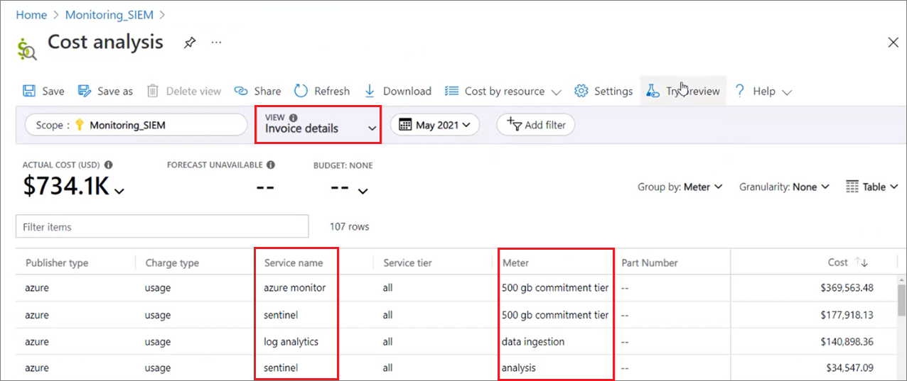 Captura de pantalla que muestra la sección de Microsoft Sentinel en una factura de ejemplo de Azure para ayudarle a calcular los costos.