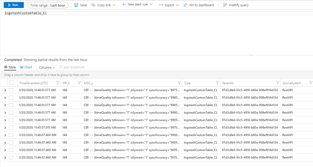 Captura de pantalla de una consulta de registros personalizados de Logstash.