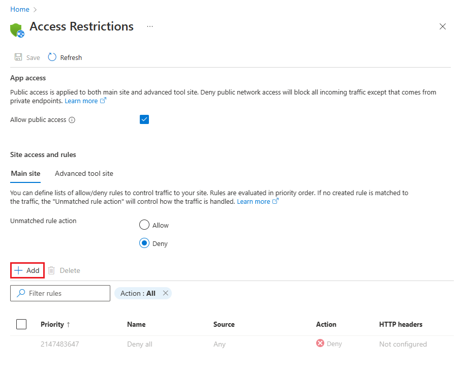 Captura de pantalla que muestra cómo agregar una regla de filtro a la directiva de restricción de acceso.